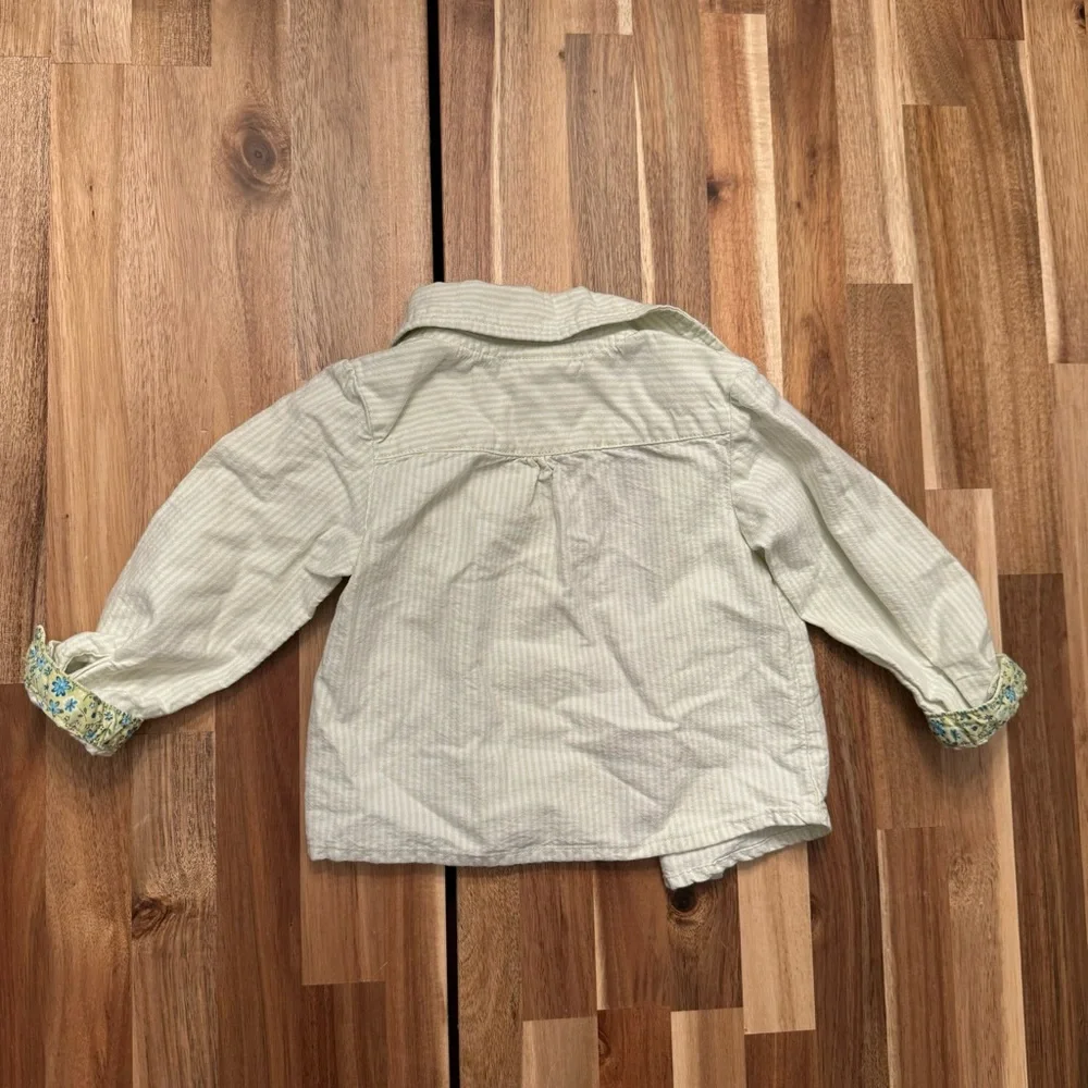 Old Navy Kids Green Pinstripe Button Down Shirt Floral Trim 12-18 Months Fall 05